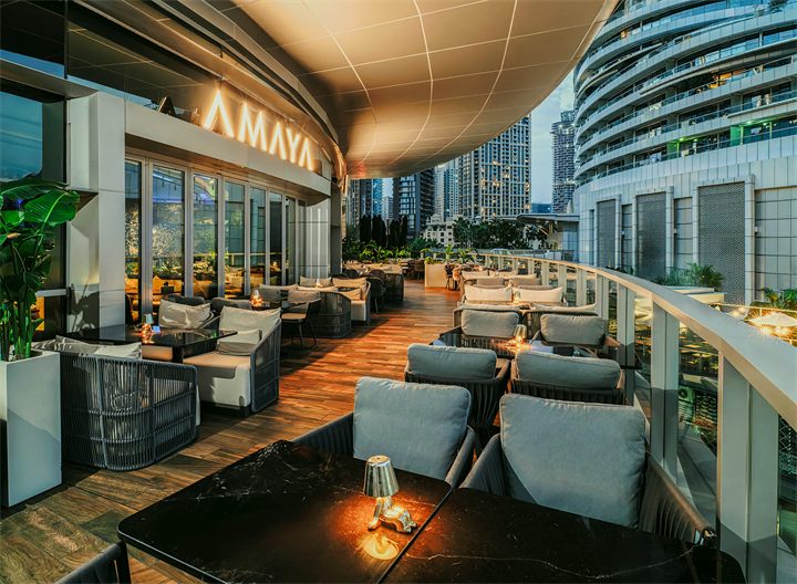 Rooftop restaurant terrace overlooking Downtown Dubai